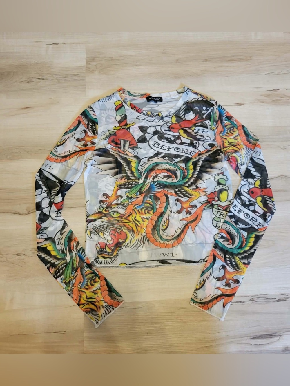 Ed Hardy Sheer Multicolor Tattoo-Print Long Sleeve Tee